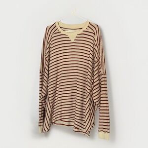 American Eagle Waffle Knit Striped Sweater Women XL Red Cream Lived-In Oversized